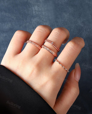 Delicate Double Diamond Wedding Band,14K Yellow Gold Ring,Vintage Milgrain Ring,Dainty Wedding Band Women,Minimalist Stacking Promise Band