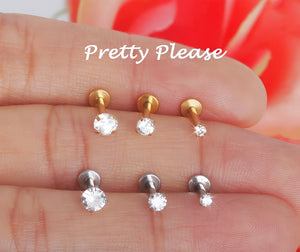 16G Tragus Stud, Flatback Earrings for Tragus Piercing, Helix Stud, Labret Stud Earrings, Conch Cartilage, Internally Threaded, CZ Dainty
