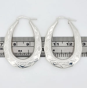 Sterling Silver Hoop Earrings 40X30Mm Oval Engraved U Shape Diamond Pattern Gypsy Victorian Creoles Gift Box
