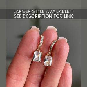 Gold Baguette Earrings, Baguette Dangle Hoops, Emerald Cut Dangle Earrings, Silver Diamond Simulant Huggie Earrings, Crystal Drop Earrings