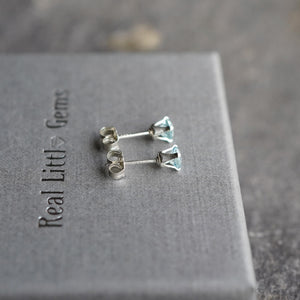 Natural Aquamarine 925 Sterling Silver 4Mm round Stud Earrings Gift Boxed