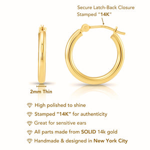 Solid 14K Gold Hoop Earrings, 14 Karat Yellow Gold round Hoops with a Classic Shiny Polished Finish, 14Mm Small Size Handmade in the USA