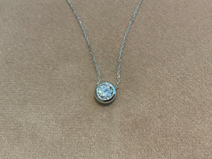 1.0 Carat Lab Diamond Necklace: Platinum Plated Silver Bezel Set