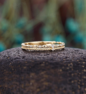 Delicate Double Diamond Wedding Band,14K Yellow Gold Ring,Vintage Milgrain Ring,Dainty Wedding Band Women,Minimalist Stacking Promise Band