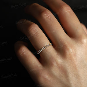 Delicate Double Diamond Wedding Band,14K Yellow Gold Ring,Vintage Milgrain Ring,Dainty Wedding Band Women,Minimalist Stacking Promise Band