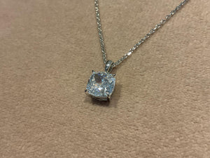 2.0 Carat Lab Diamond Cushion Pendant: Platinum Plated Silver Necklace