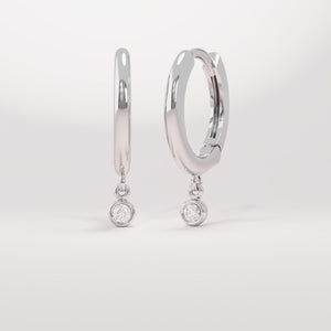 14K Solid Gold Diamond Drop Hoop Earrings, Dainty Bezel Diamond Charm Hoops, Huggie Drop Earrings for Women, Luxury Bridal Jewelry