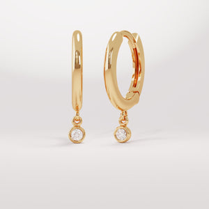 14K Solid Gold Diamond Drop Hoop Earrings, Dainty Bezel Diamond Charm Hoops, Huggie Drop Earrings for Women, Luxury Bridal Jewelry