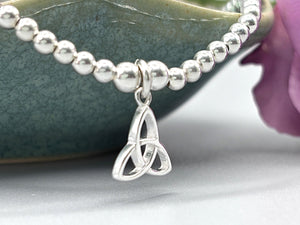 Elegant Sterling Silver Celtic Trinity Knot Bracelet with Trefoil Charm - Perfect Stacking Jewelry Gift.