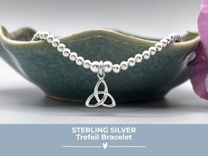 Elegant Sterling Silver Celtic Trinity Knot Bracelet with Trefoil Charm - Perfect Stacking Jewelry Gift.