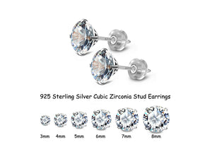 925 Sterling Silver Clear round Cubic Zirconia Stud Earrings 4 Prong Setting 3Mm 4Mm 5Mm 6Mm 7Mm 8Mm Tiny Large CZ Earrings