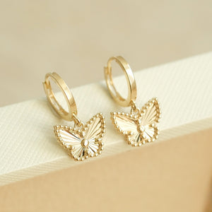 Dainty 14K Solid Gold Butterfly Huggie Hoop Earrings for Women.