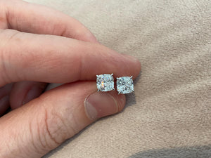 Lab Diamond 2.0 Carat Cushion Cut Stud Earrings: Platinum Plated Sterling Silver
