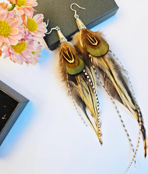 Locke Chicken Feathers Earring with Silver Hook, Party Earrings , Real Feather Earrings: Handmade Boho Style Emu & Rooster ,Gift for Her