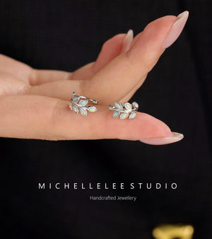 White Opal Leaf Ear Cuff, No Piercing Olive Branch Ear Wrap