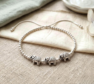 Charming Adjustable Lucky Elephant Bracelet & Anklet - Stylish Silver Bead Jewelry for Women & Girls.
