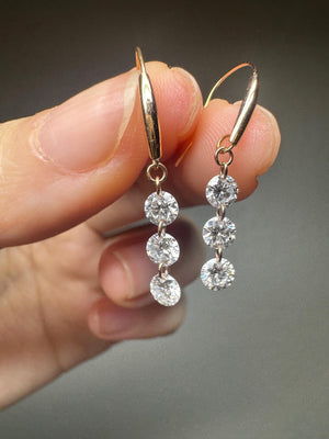 18K Solid Gold Triple Lab Diamond Drop Hook Earrings | Dangling Diamond Earrings, Dangle , Hook, Anniversary, Birthday, Valentine’S Day Gift