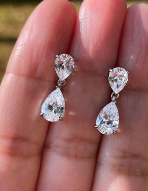 Pear Moissanite Drop Earrings, White Gold Moissanite Dangle Earrings, Sparkly Bridal Wedding Jewelry, Anniversary Gift for Her