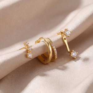 Dainty 18K Gold Filled CZ Stud & Hoop Earring Stack Set - Minimalist Cartilage Style.