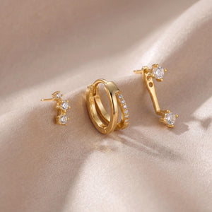 Dainty 18K Gold Filled CZ Stud & Hoop Earring Stack Set - Minimalist Cartilage Style.