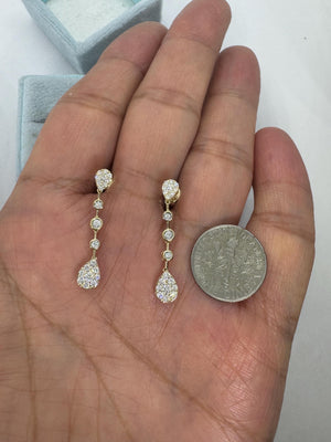 Linear Diamond Dangle Earrings, Dangling Pear Drop Diamond Earrings, 14K Yellow Gold Diamond Drop Earrings