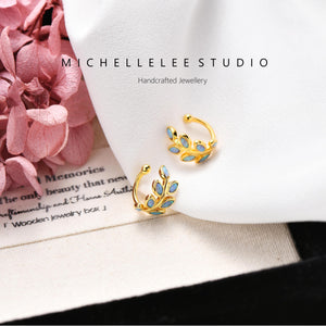 White Opal Leaf Ear Cuff, No Piercing Olive Branch Ear Wrap