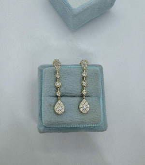 Linear Diamond Dangle Earrings, Dangling Pear Drop Diamond Earrings, 14K Yellow Gold Diamond Drop Earrings