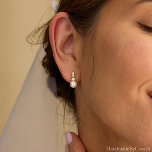 Minimalist CZ Diamond Pearl Earrings, Freshwater Pearl Earrings, Elegant Pearl Dangles, Wedding Pearl Jewelry, Bridesmaid Gift, Gift for Mom