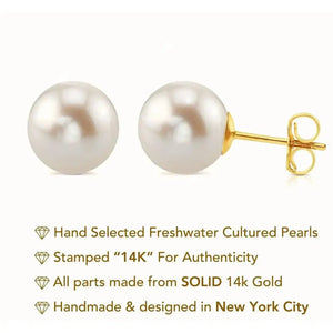 Lustrous 14K Gold Round White Freshwater Pearl Bridal Stud Earrings - Classic Gift for Her in 5mm, 6mm, 6.5mm, & 7mm