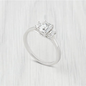 Man Made Diamond Emerald Cut 3 Stone Trilogy Ring Ring Available in Sterling Silver or White Gold Filled - Engagement Ring