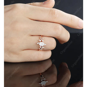 Oval Moissanite Engagement Ring Vintage Unique Marquise Cut Diamond Cluster Ring Rose Gold Engagement Ring Leaf Ring Bridal Ring Anniversary