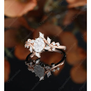 Oval Moissanite Engagement Ring Vintage Unique Marquise Cut Diamond Cluster Ring Rose Gold Engagement Ring Leaf Ring Bridal Ring Anniversary
