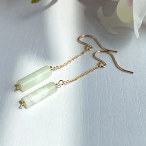 Pale Green Jade Dangle Chain Earrings, Sterling Silver 14K Gold Rose Gold Filled, Dainty Jade Column Tube Gemstone Chain Drop Hook Earrings