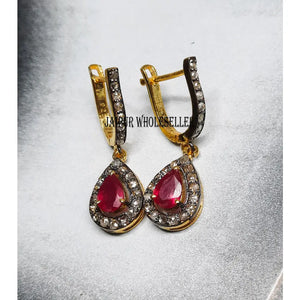 Pear Ruby Diamond Pave Sterling Silver Stud Earrings