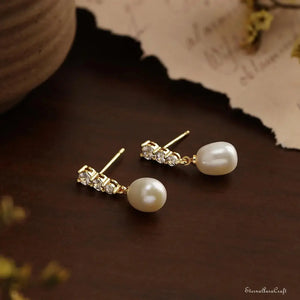 Real Freshwater Pearl Drop Earrings with Diamond, CZ Pearl Stud Earrings, Wedding Earrings, Pearl Bridal Earrings, Bridesmaid Gifts for Her