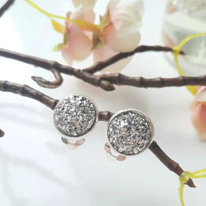 Silver Glitter Clip on Stud Earrings. Stainless Steel 12Mm Studs
