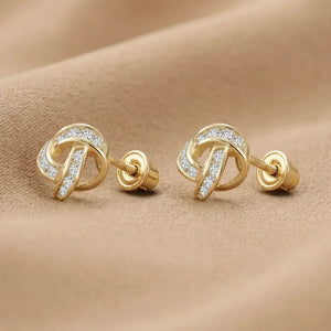 Solid 14K Gold Brilliant CZ Love Knot Twist Studs, 7Mm, with Screwbacks