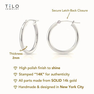 Solid 14K Gold Hoop Earrings, 14 Karat White Gold round Classic Hoops, 13Mm (0.5 Inch) Small Size Hoops, Made by TILO Jewelry
