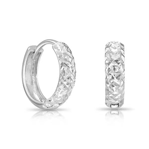 Solid 14K Gold Huggie Hoop Earrings, Hand Engraved Diamond-Cut Design, Available in 14K Yellow or White Gold, Size 12Mm, by TILO Jewelry