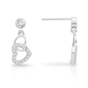 Sparkling CZ Double Heart Dangle Stud Earrings in Elegant Sterling Silver.