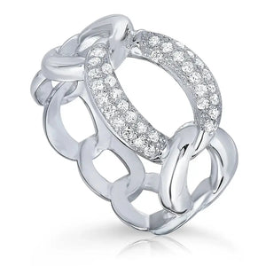 Sterling Silver CZ Cuban Link Ring - Chic Bold Chain Design for Her, Perfect for Mother's Day and Special Occasions.