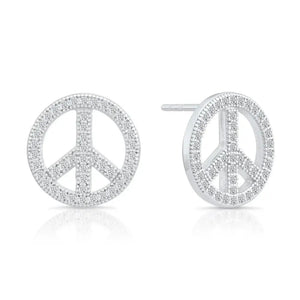 Sterling Silver CZ Small Open Peace Sign Stud Earrings – Trendy & Elegant Accessory.