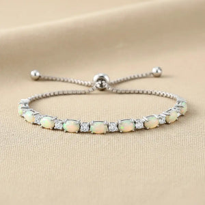 Sterling Silver Fire Opal Adjustable Bracelet with Cubic Zirconia Stones