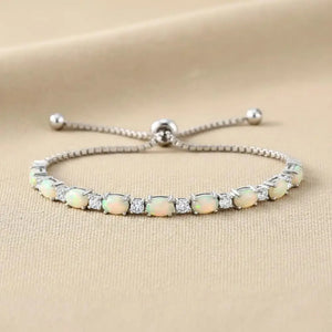 Sterling Silver Fire Opal Bracelet with Brilliant Cubic Zirconia Stones, Adjustable Simulated Opal Bracelet, 6-9 Inch, by TILO Jewelry