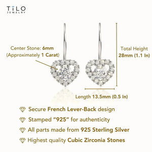 Sterling Silver Heart Halo Earrings, French Lever-Back Design with Sparkling Cubic Zirconia, Statement and Bridal Jewelry