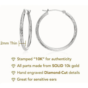 Stunning 10K White Gold Hand-Engraved Diamond-Cut Hoop Earrings - Crafted in the USA