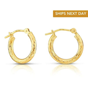 Stunning 10K Yellow Gold Hand-Engraved Diamond-Cut Hoop Earrings - Made in the USA!.