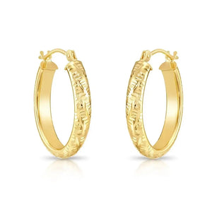 Stunning 14K Solid Gold Oval Hand-Engraved Tornado Pattern Diamond Cut Hoop Earrings.