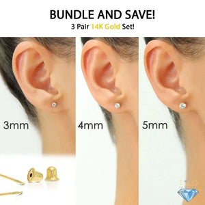 Stunning 14K Solid Yellow Gold CZ Stud Earrings Set - 3 Pairs of Round Screw Back Sleeper Earrings by TILO Jewelry.
