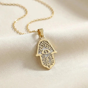 Stunning 14K Two-Tone Gold Hamsa Pendant Necklace with 18" Cable Chain.